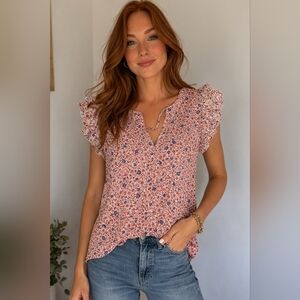 LOFT Floral Ruffle Sleeve Shirt- Red White And Blue